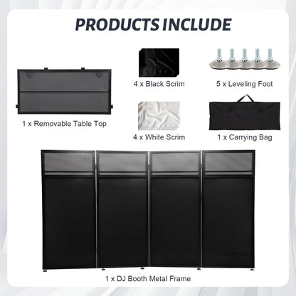 Portable DJ Booth Table Station 44"x42.2"x20.6", Foldable Metal Frame DJ Facade with Black & White Scrims, Detachable 40"x20" DJ Table, Adjustable Height, Carry Bag for Show, Party, Wedding, Events
