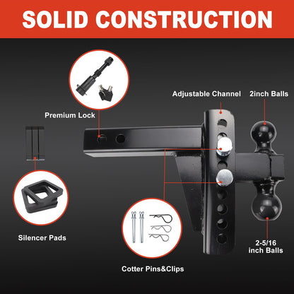 Adjustable Trailer Hitch Fits 2.5 Inch Receiver 6 Inch Drop/Rise, 2 & 2-5/16 Ball Hitches for Trucks, 22000 LBS GTW, Drop Hitch Tow Hitch Trailer Hitches with Anti-Theft Pin Solid Ball Mount
