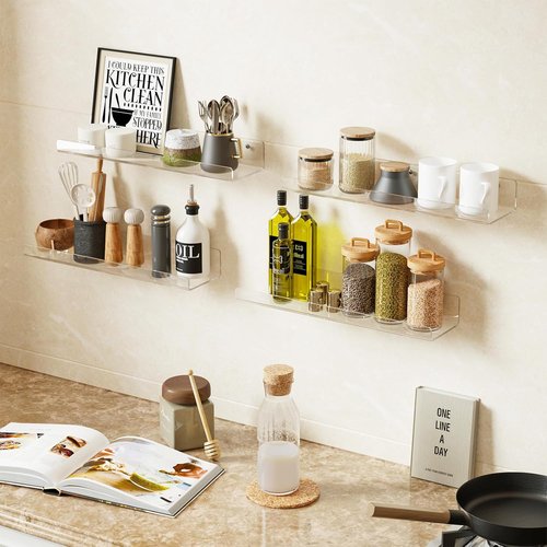Dooiclear 4 Pack Acrylic Floating Wall Shelves - 15" Clear Book Display Organizers for Home & Office Decor