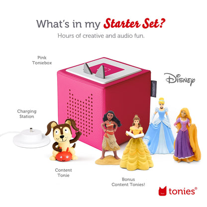 Toniebox Audio Player Starter Set with Cinderella, Belle, Moana, Tangled, and Playtime Puppy - Listen, Learn, and Play with One Huggable Little Box - Pink