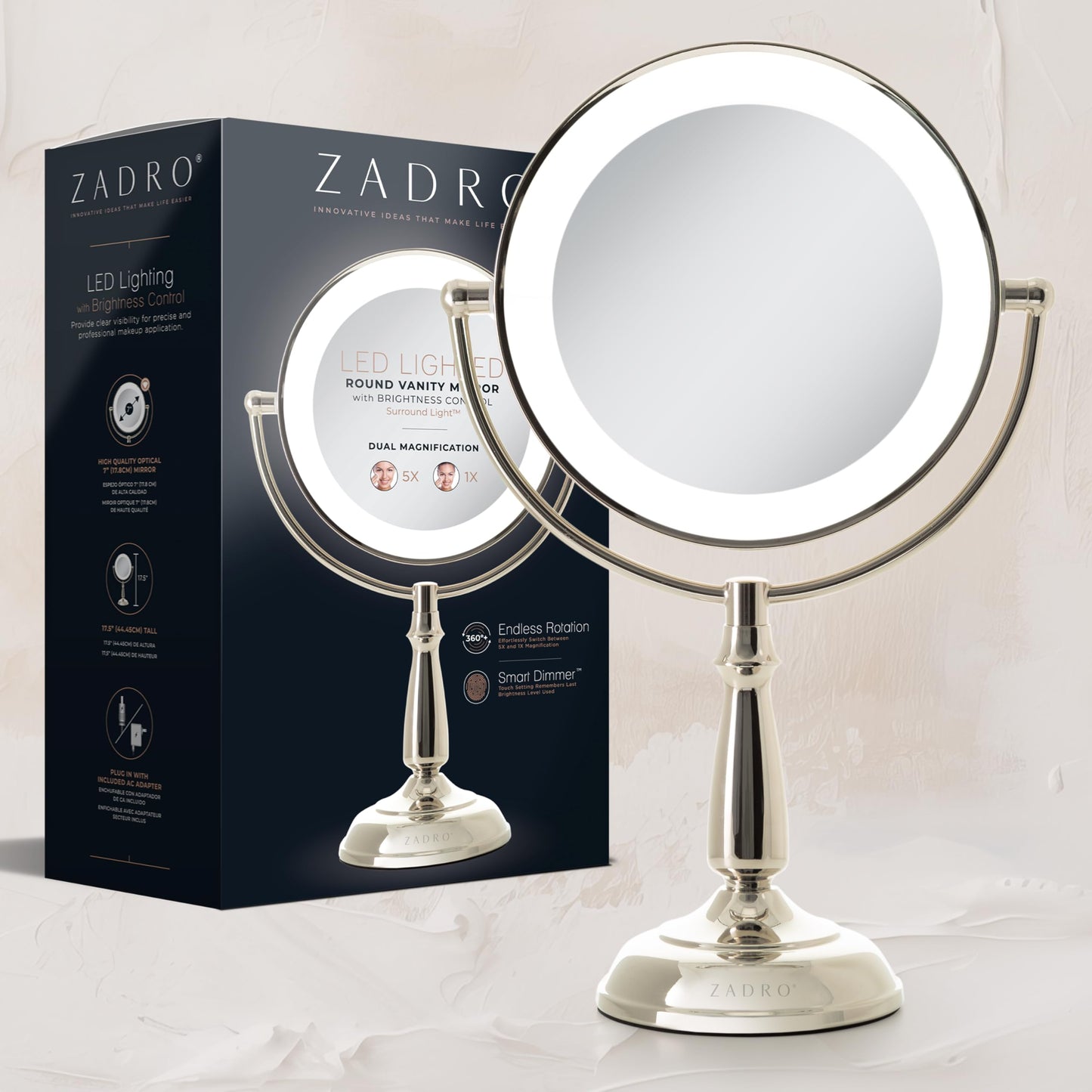 Zadro Makeup Mirror with Lights and Magnification Dimmable Touch LED Lighted Makeup Mirror with Magnification 5X/1X, 17.5" H x 11" W (Polished Nickel)