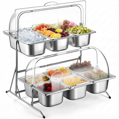 Lallisa 2 Tiered Ice Food Serving Tray Countertop Food Serving Display Container for Buffet Restaurant Party, with Clear Roll Top Cover 6+3 Pan Buffet Condiment Dispenser