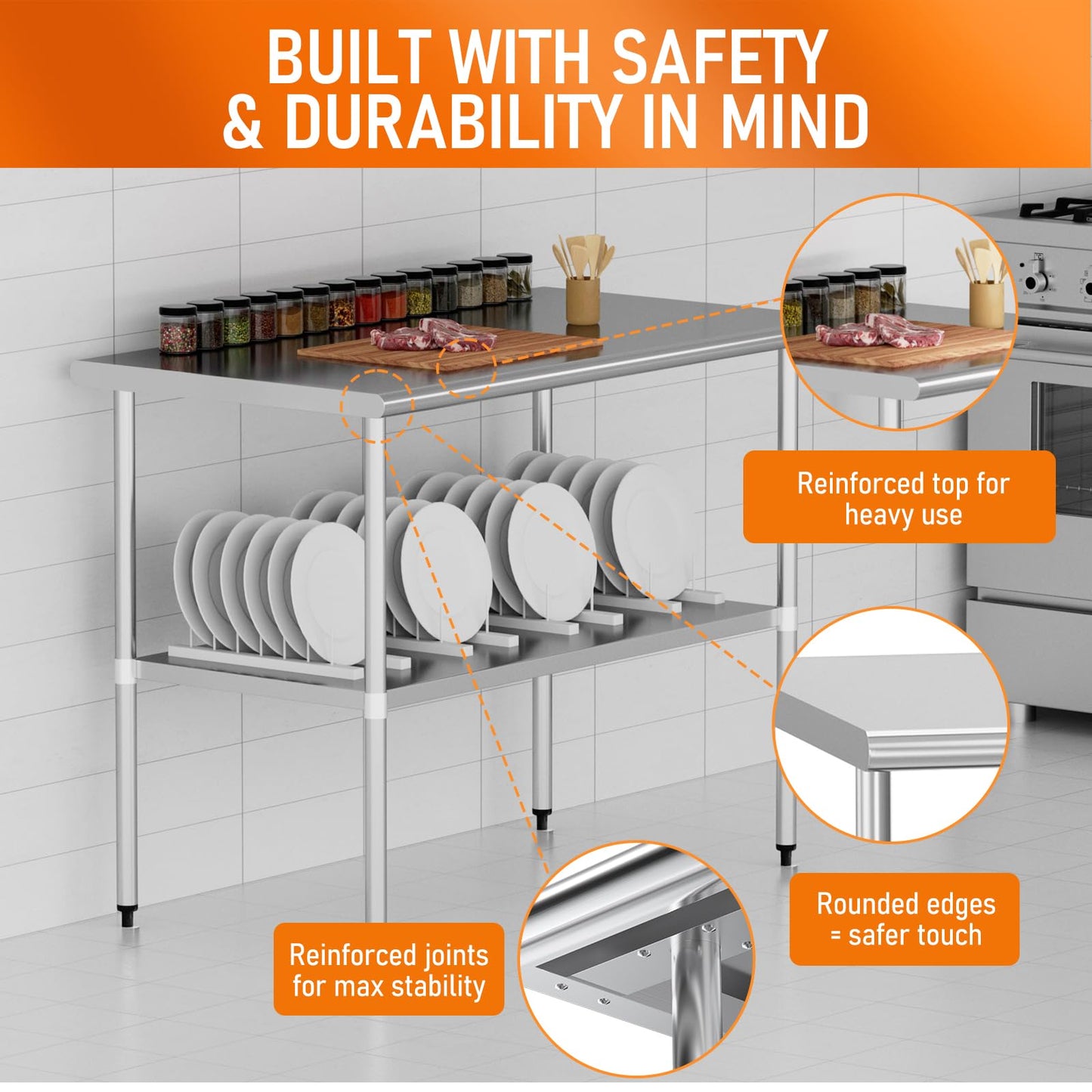 Stainless Steel Table for Food Prep & Work 24 x 48 inches Utility Table with Adjustable Undershelf, Commercial Workstation in Kitchen, Garage, Outdoor BBQ