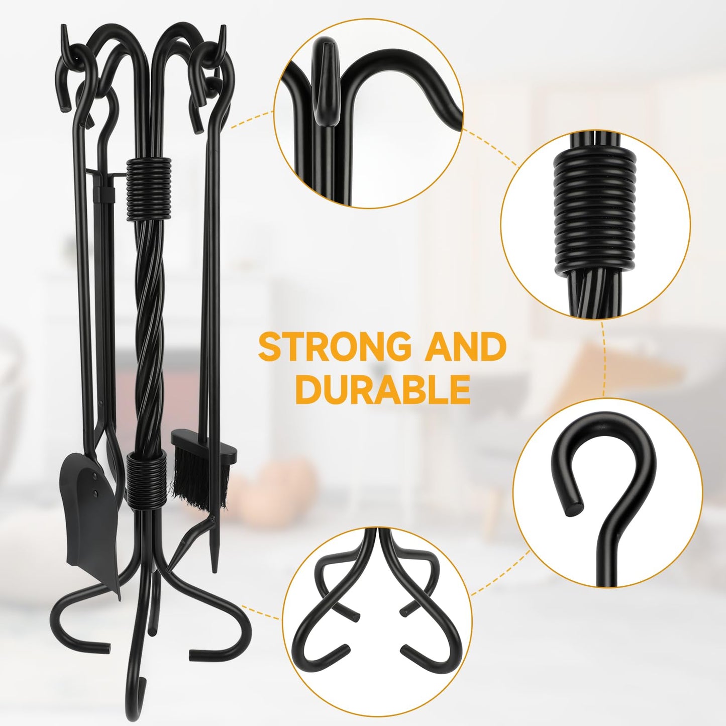 Nouetele 5-Piece Fireplace Tools Set Wrought Iron - NO Assembly - Heavy Duty 32" Solid Steel Fire Poker Set for Outdoor Fire Pit & Wood Stove - Fire Place Set with Tongs, Shovel, Brush, Stand