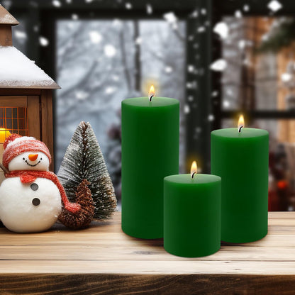 Green Pillar Candles Set of 3 - Dripless Unscented - 3x4, 3x6 & 3x8 inches Decorative Candles for Home Decor & Table Centerpieces