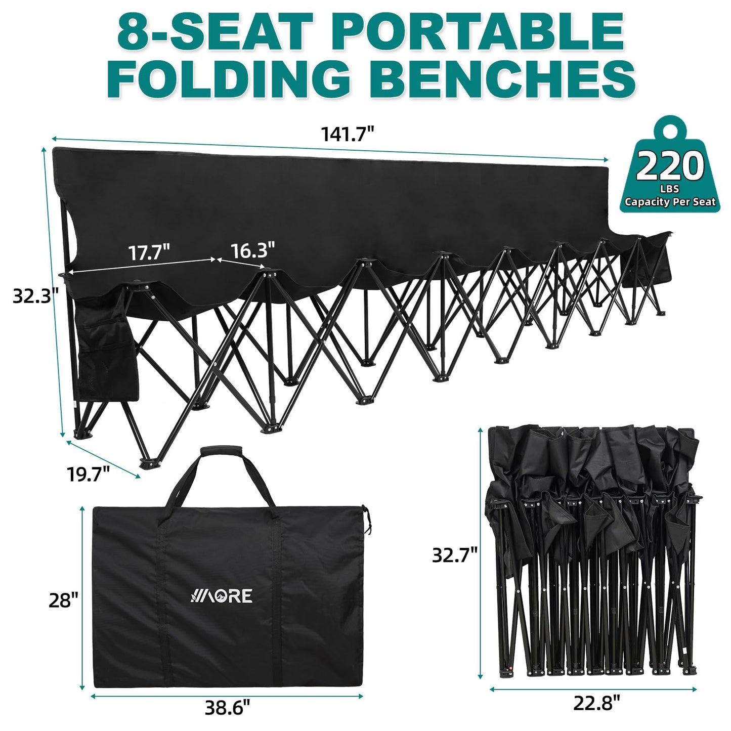 1MORE Soccer Bench - Portable Folding Team Bench, 8 Seats Foldable Sideline Benches, Soccer Chair with Bag & Backrest, Adult Team Chair for Football Camp Sport Events Outdoor Seating.Black