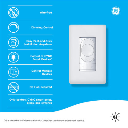 GE CYNC Smart Dimmer Light Switch, Neutral Wire Required, Bluetooth and 2.4 GHz WiFi 4-Wire Switch, Works with Amazon Alexa and Google Home, White Light Dimmer (1 Pack)