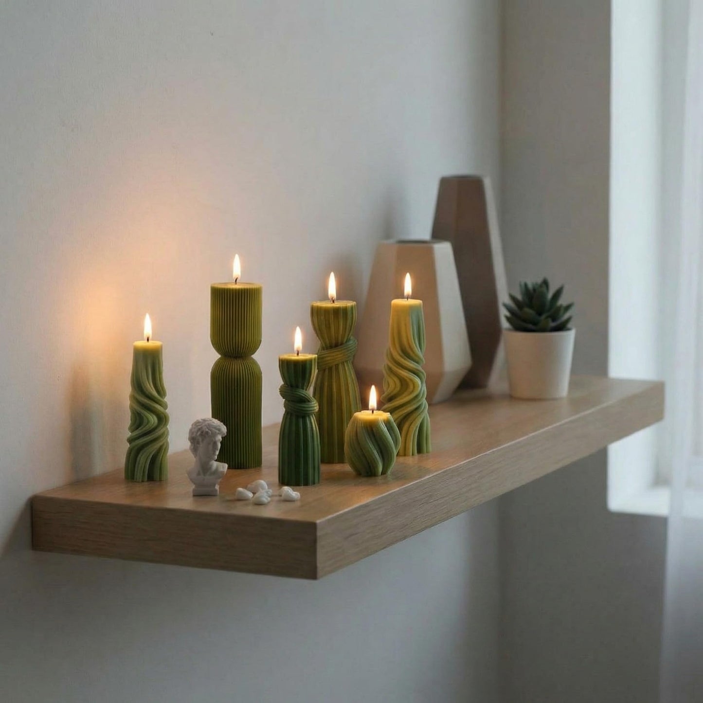 Threlaco 6 Pcs Pillar Candles Decorative Modern Aesthetic Ribbed Candle Set Cute Soy Wax Scented Ribbed Decor Commemorative Gift for Home Decoration(Green, 2.36-6.89 Inch)