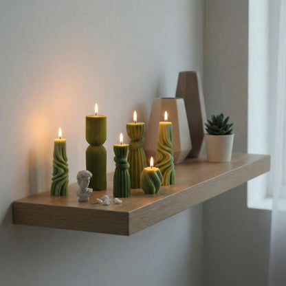 Threlaco 6 Pcs Pillar Candles Decorative Modern Aesthetic Ribbed Candle Set Cute Soy Wax Scented Ribbed Decor Commemorative Gift for Home Decoration(Green, 2.36-6.89 Inch)