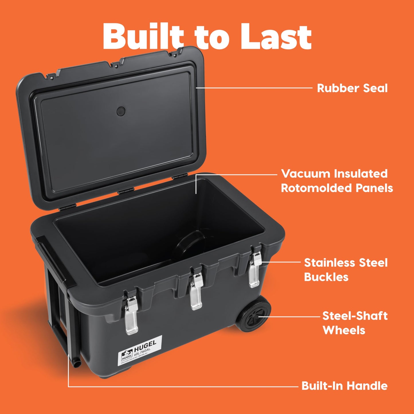 IRIS USA Hugel 64 QT Wheeled Cooler, Heavy-Duty Ice Chest with Metal Buckles, Leak-Resistant, Durable Hard Cooler for Camping, Fishing, Beach, Road Trips, Gray