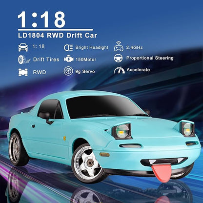 LD1804 1/18 RC Drift Car Mini Mazda MX-5 RC Model with 3pcs Upgraded 1200mah Battery 2.4GHz RWD Drifting Remote Control Car for Adults Hobby Toys(Blue)