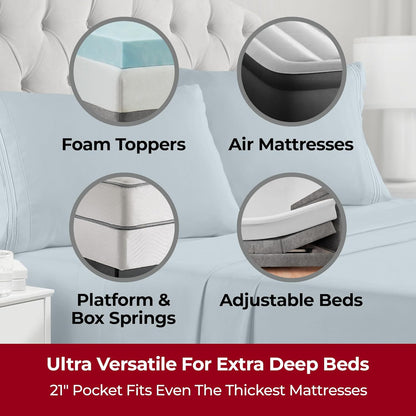 Mellanni Extra Deep Split King Sheets - 5 PC Hotel Luxury Bedding Set | Ultra Soft, Cooling, Spa Blue