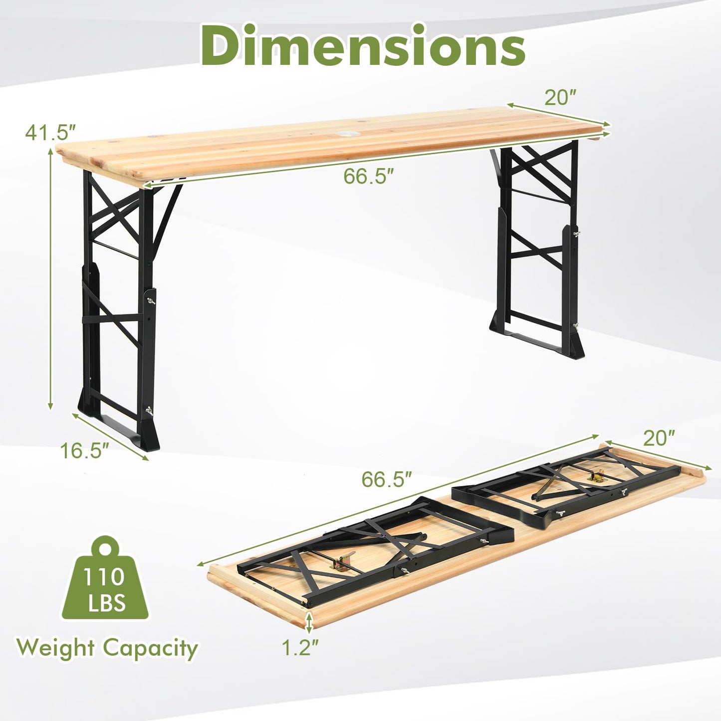 CHEFJOY 5.5FT Folding Picnic Beer Table, Outdoor Camping Table with Umbrella Hole & 2 Adjustable Heights, Heavy Duty Metal Frame & Solid Wood Top, Portable Picnic Table for Patio, Garden, Backyard