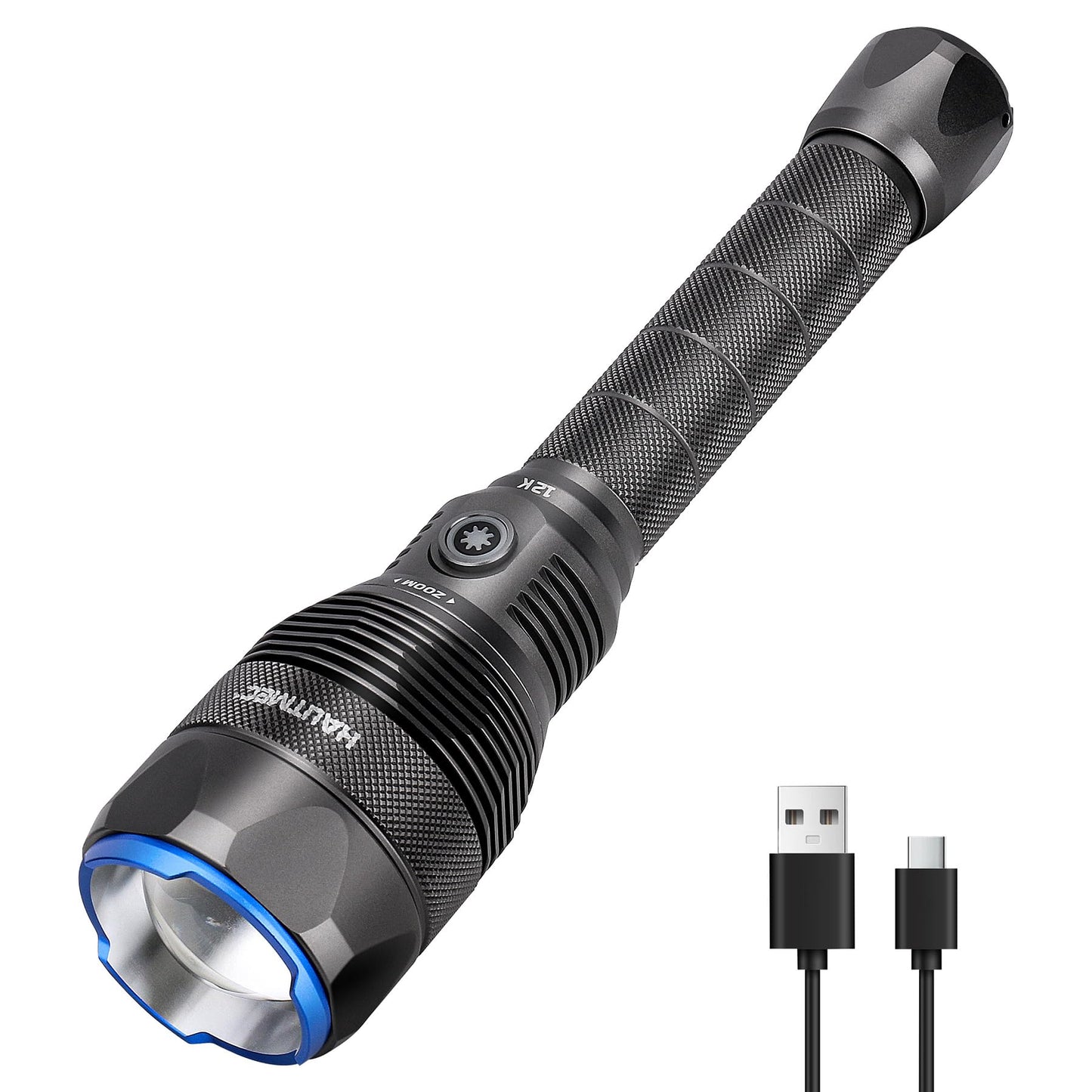 HAUTMEC Rechargeable Flashlights 12000 High Lumens Flashlight, 5 Light Modes Bright Flashlight, 2X Zoom, IP67 Waterproof & Impact-Resistant, and Power Bank, for Emergencies, Hunting, Camping, Hiking