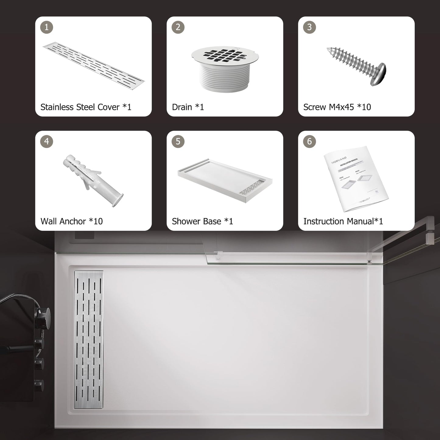 MORVANO Shower Base 60" x 32" Right Drain, Shower Pan Kit With Stainless Steel Cover, Non-Slip Acrylic in White, Brush Nickel for Bathroom