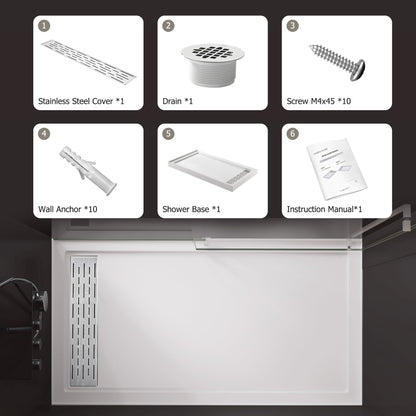 MORVANO Shower Base 60" x 32" Right Drain, Shower Pan Kit With Stainless Steel Cover, Non-Slip Acrylic in White, Brush Nickel for Bathroom