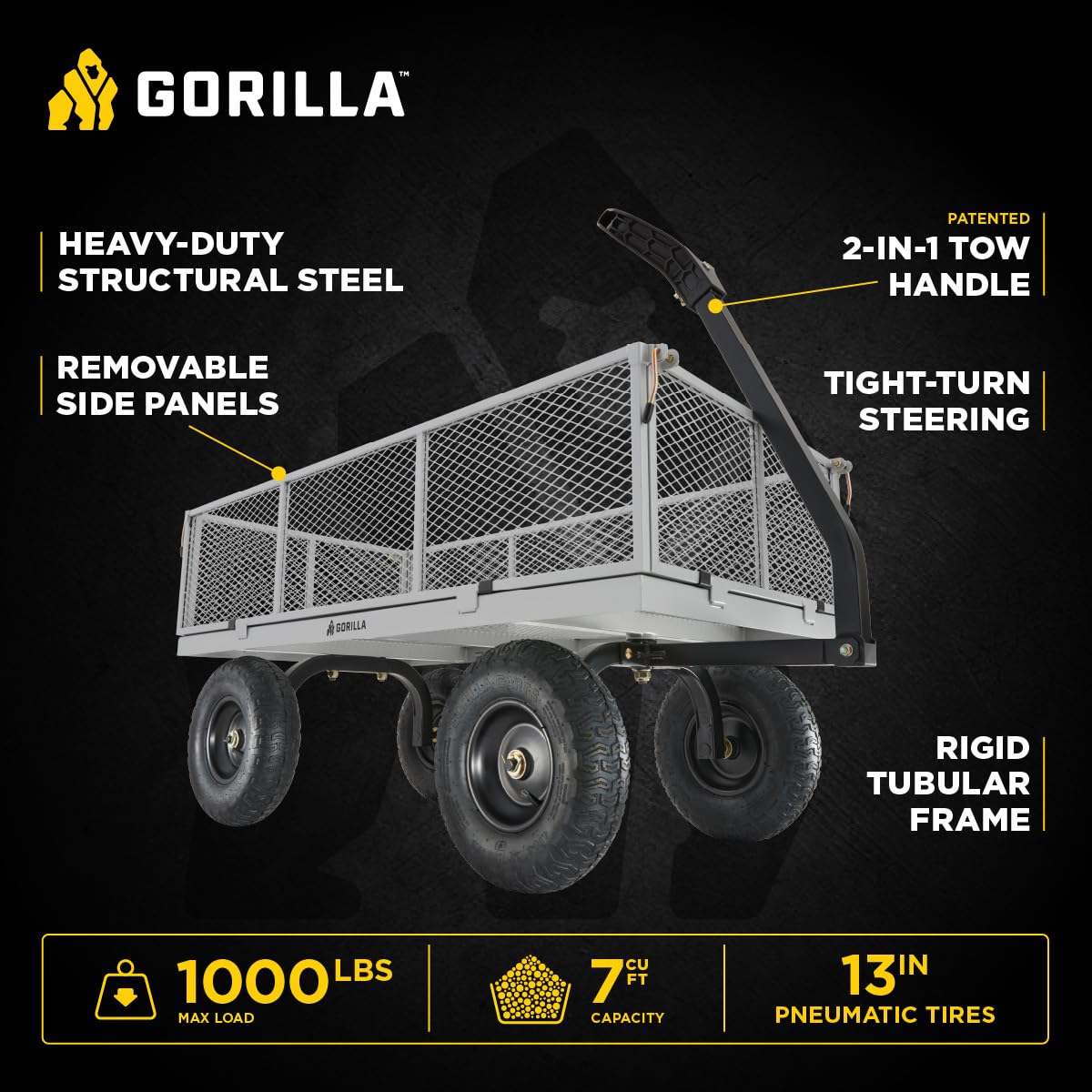 Gorilla Carts Steel Utility Garden Cart, 1,000-Pound Capacity, Gray - Heavy-Duty Outdoor Wagon with Removable Sides, 13-Inch Pneumatic Tires, and Convertible Pull or Tow Handle