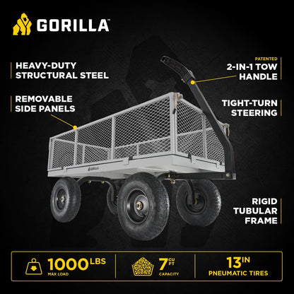 Gorilla Carts Steel Utility Garden Cart, 1,000-Pound Capacity, Gray - Heavy-Duty Outdoor Wagon with Removable Sides, 13-Inch Pneumatic Tires, and Convertible Pull or Tow Handle