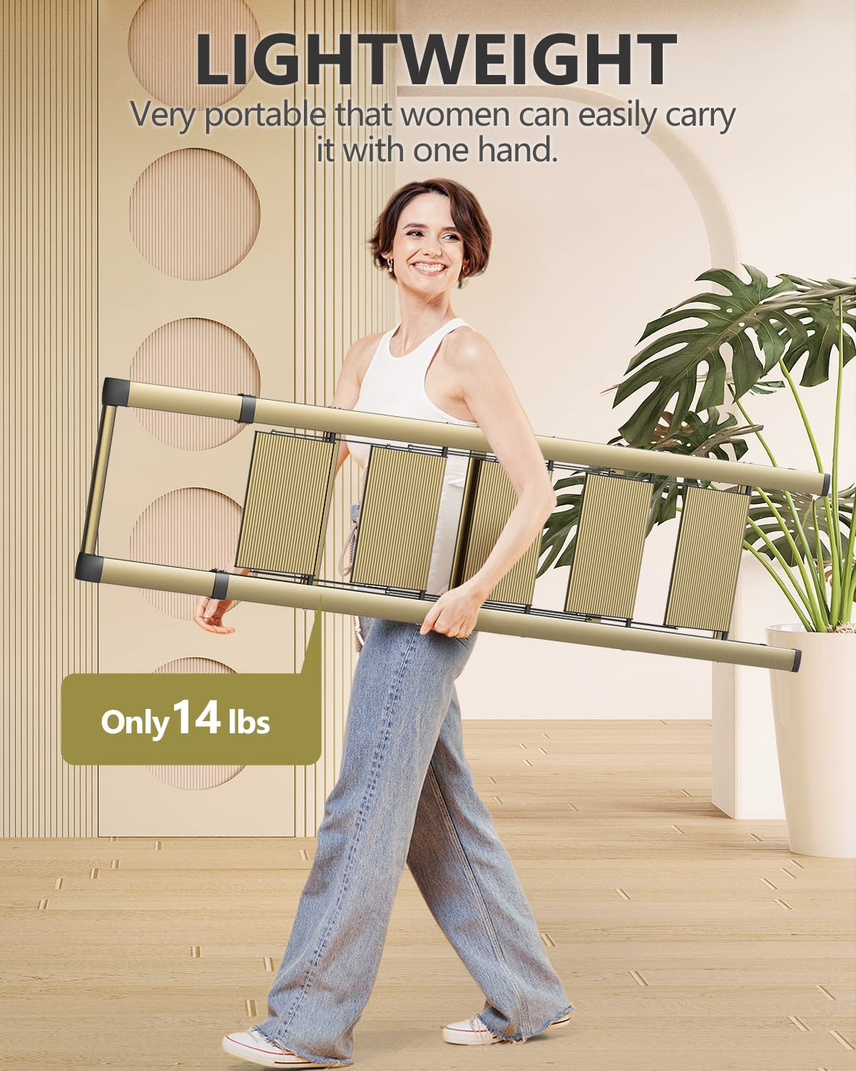 WOA WOA 5 Step Ladder, Ladders for Home, Anti-Slip Pedals, Aluminum Step Stool Foldable, Lightweight to Move, Ease of Storage, Reach 10ft for Closet Kitchen Library, Hold 300lbs - Gold