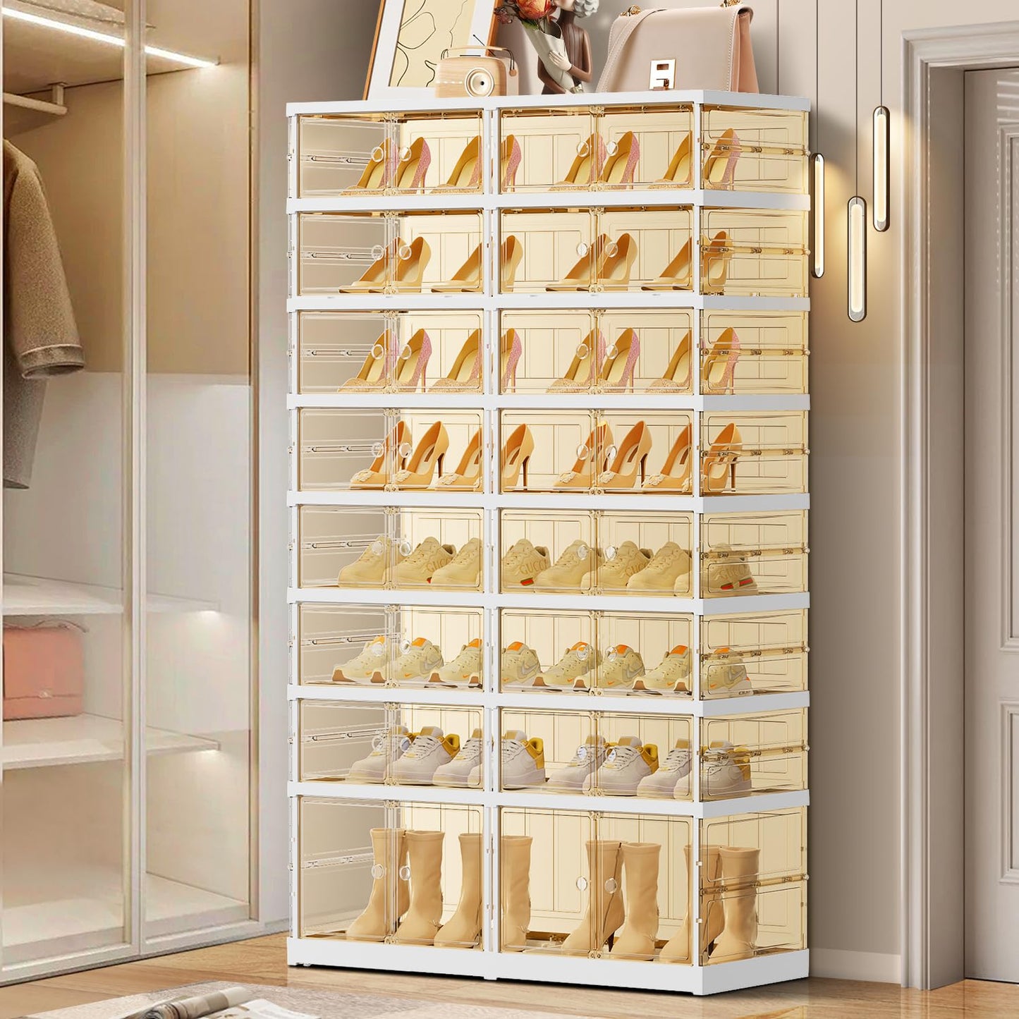 EHAMILY 8 Tiers 16-32 Pairs Foldable Shoe Rack for Closet Plastic Stackable Shoe Boxes for Garage Collapsible Shoes Shelf with Doors Storage Organizer Cabinet Quick Assembly,Brown