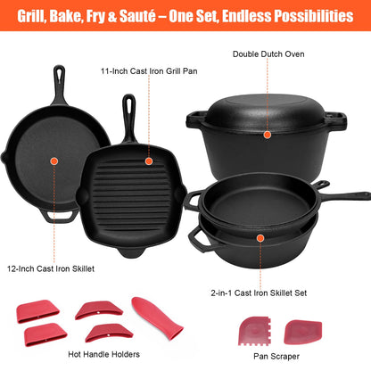 QuliMetal Seasoned Cast Iron Cookware Set, 5-Piece Bundle – 11" Grill Pan, 12" Skillet, 5QT Dutch Oven, 3.2QT Dutch Oven with 1.6QT Skillet Lid, Pre-Seasoned Cast Iron Pots and Pans for Home Cooking