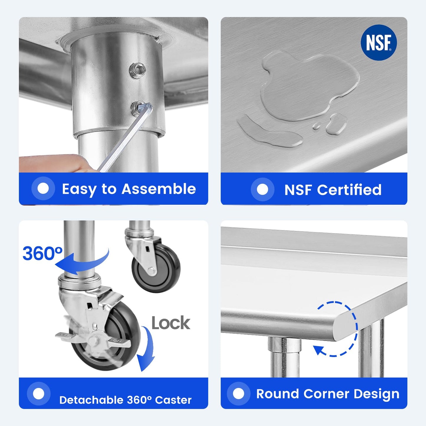 Hally Stainless Steel Table for Prep & Work 24 x 48 Inches with Caster Wheels, NSF Commercial Heavy Duty Table with Undershelf and Backsplash for Restaurant, Home and Hotel
