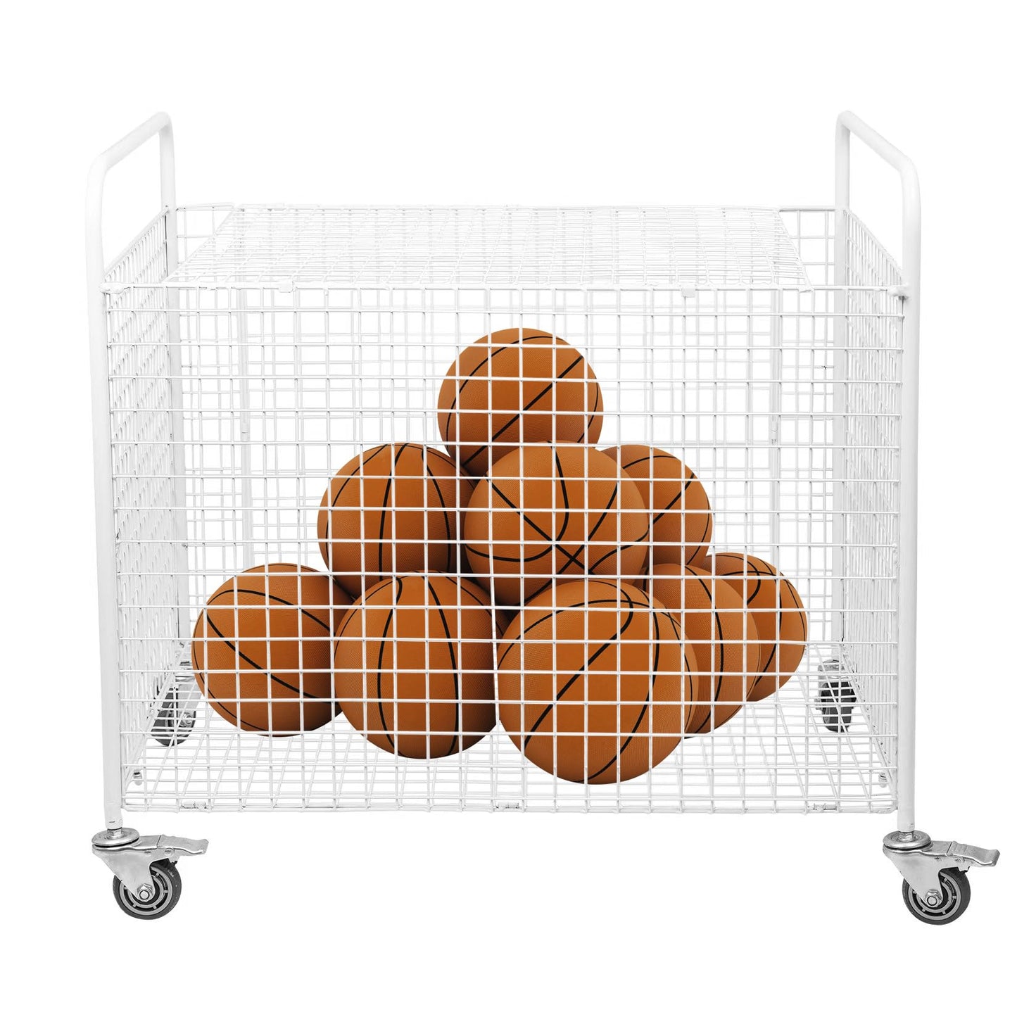 ExoLiry Metal Basketball Rolling Cart Sports Equipment Storage Wheel Basket White Athletic Portable Lockable Cage Raised Handle Gym Home Garage School Court Field Football Soccer Ball Volleyball Bat