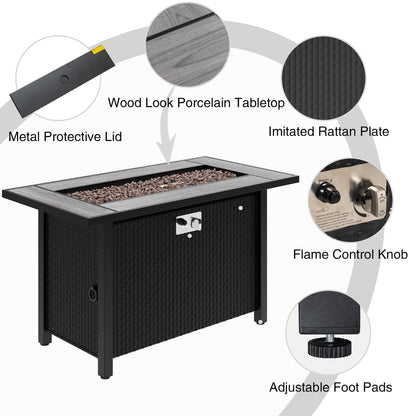 Meilocar 45in Fire Table, Propane Fire Pit with Red Lava Rocks and Rain Cover, Outdoor Firepit Table with Tile Top 50000 BTU 2-in-1 Fire Table for Patio/Yard/Balcony, Gray Tabletop