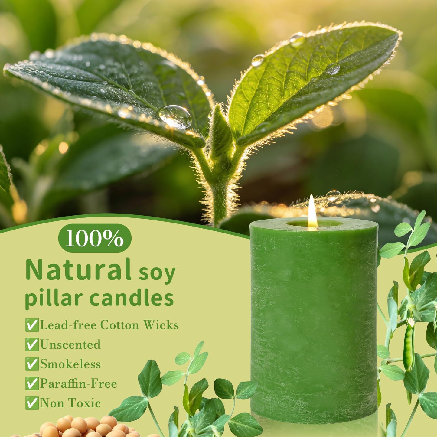 6 Pack Moss Green Soy Pillar Candles, 2.8x4in - 330H Total Burn Time - Rustic Textured Natural Wax - Non-Toxic, Dripless & Smokeless Hand-Poured Candles for Spring Home Decor, Dinner Table, Wedding