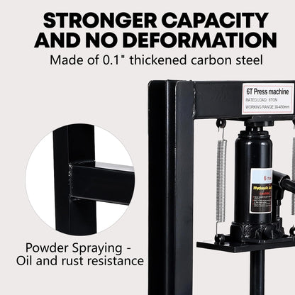 6 Ton Hydraulic h-Frame Shop Press, Heavy Duty Press with Adjustable Table & Stamping Plates for Auto Repair, Garage, Metalworking, Industrial Use - Black