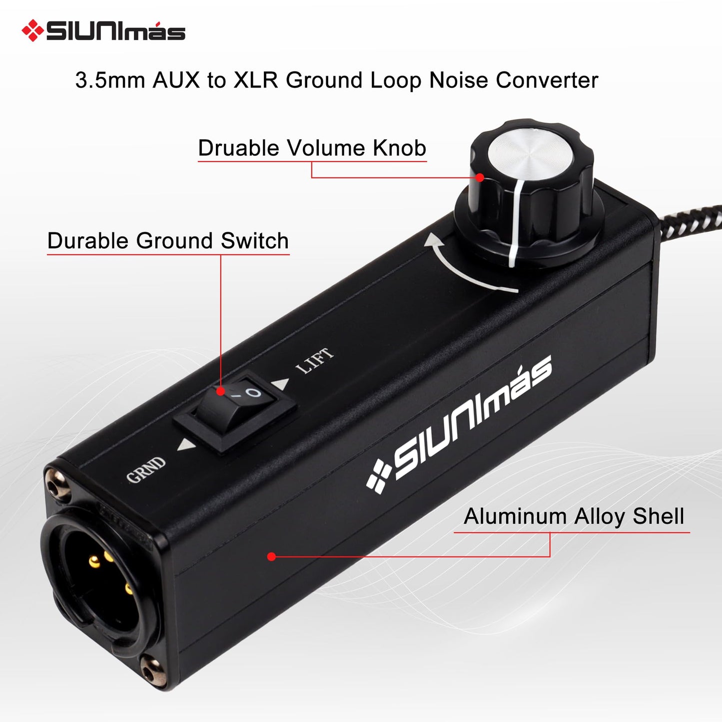 SIUNIMAS Pro 01A AUX to XLR 3Pin Noise Isolation Direct Box with Volume Controller and Grounding Switch Build-in Nylon Braided Cord Length 3.5ft Quality Durable 3.5mm AUX Plug (Pro 01A AUX-XLR)
