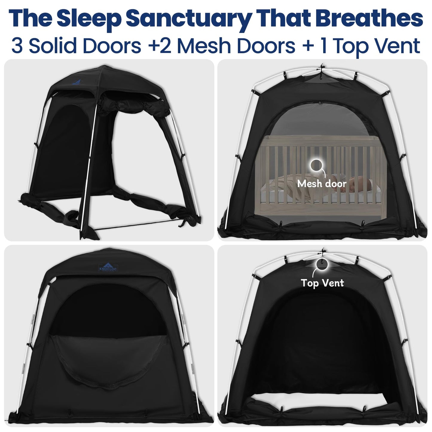 KNOCLOC Blackout Tent for Crib, Pack N Play, Toddler Travel Bed & Kids Cot, CPC Certified Baby Sleep Pod with Fan Pocket, 2 Mesh Doors, Breathable & Quiet Design, Easy Setup & Portable