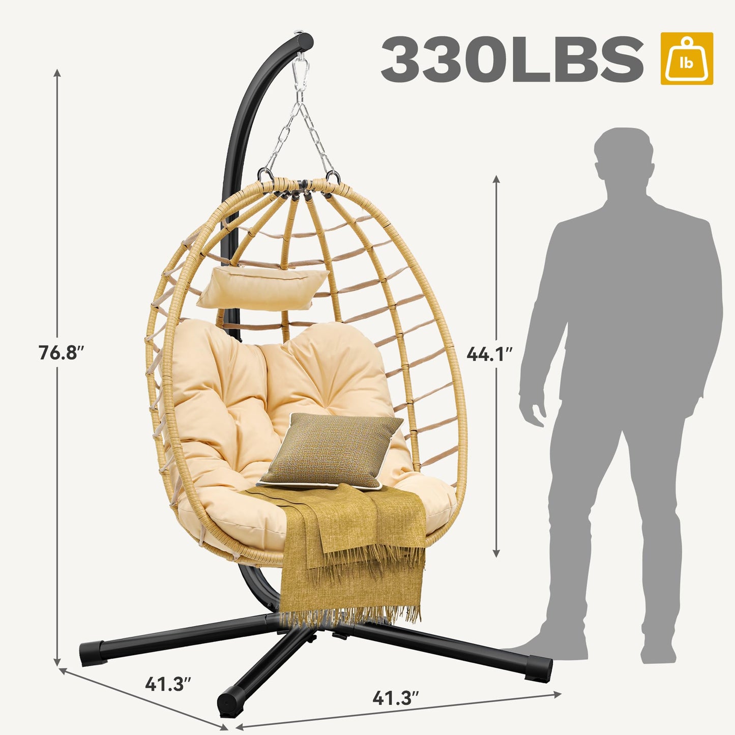 DWVO Egg Hanging Swing Chair with Stand Egg Chair Wicker Indoor Outdoor Hammock Egg Chair with Cushions 330lbs for Patio, Bedroom, Garden and Balcony, Beige