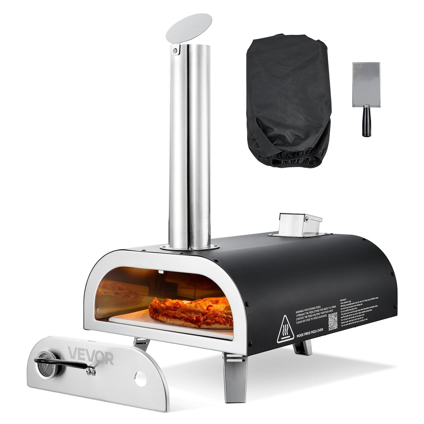 VEVOR Outdoor Pizza Oven, 12 Inch Wood Fired Pizza Ovens, Pellet Pizza-Stove with Thermometer, Portable Pizza-Maker for Outside Backyard Patio Camping, Pizza-Stone, Carry Bag, Shovel, Black