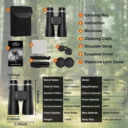 Sogries Binoculars for Adults High Powered Waterproof Compact Binoculars for Bird Watching Travel Low Light Vision Hunting Stargazing Concert Sports Long Range Birding Binocular (ED 12X50)