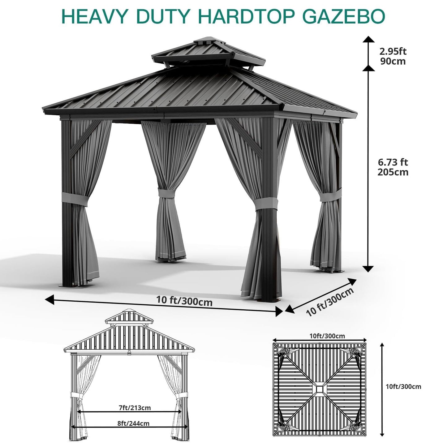 10x10 ft Double Roof Hardtop Gazebo, Heavy Duty Galvanized Steel Pavilion with Netting and Curtains, Metal Roof Patio Gazebo for Terrace, Lawn, and Deck, Gray