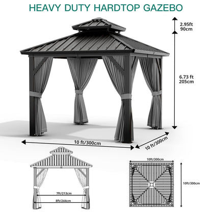 10x10 ft Double Roof Hardtop Gazebo, Heavy Duty Galvanized Steel Pavilion with Netting and Curtains, Metal Roof Patio Gazebo for Terrace, Lawn, and Deck, Gray