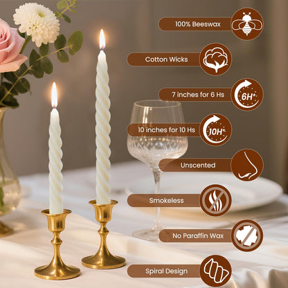 AGLARY 2PCS 7-Inch Pure Beeswax Spiral Taper Candles, Twisted Stick Candles, Dripless & Unscented for Weddings, Christmas, Dinner, Meditation - White