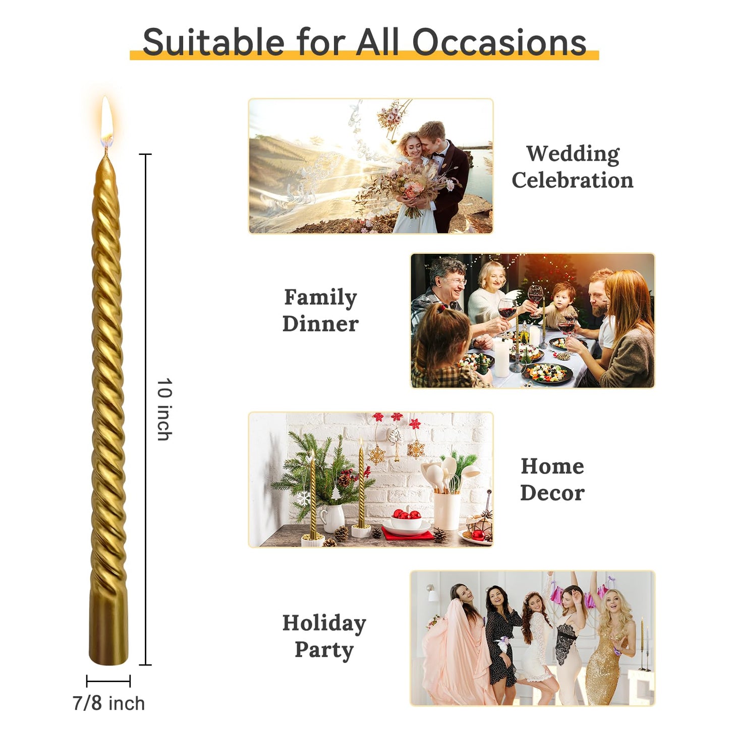 10 Inch Spiral Taper Candles Set for Christmas, 6 Gold and 6 Silver Unscented Twisted Candlesticks, Dripelss Thin Tapered Candles for Holiday Party Decoration