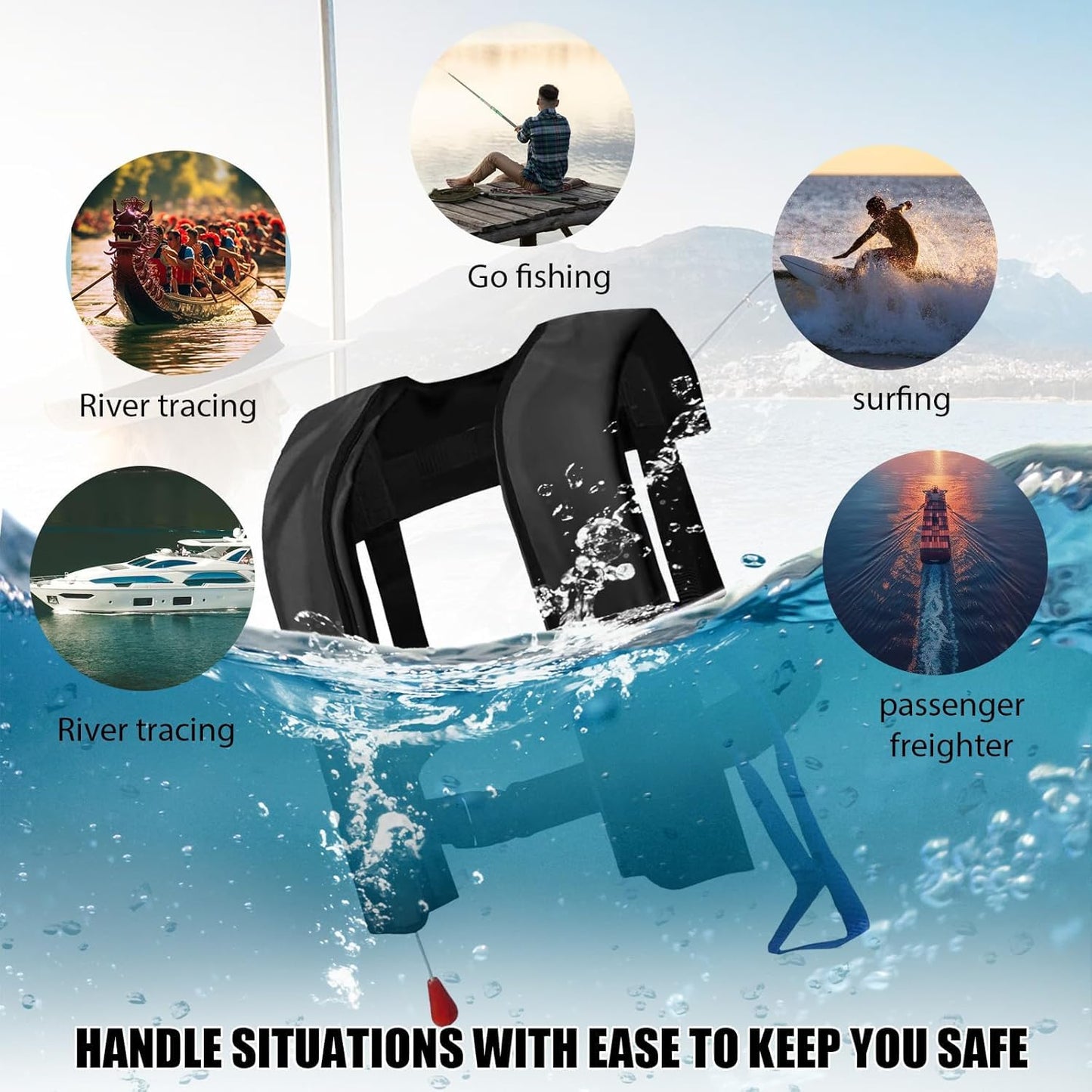3-Pack 150N Unisex Automatic Life Jacket - Lightweight Inflatable Flotation Device with Reflective Patches, Whistle, Extra Tube - Suitable for Rowing, Boarding (Blue)