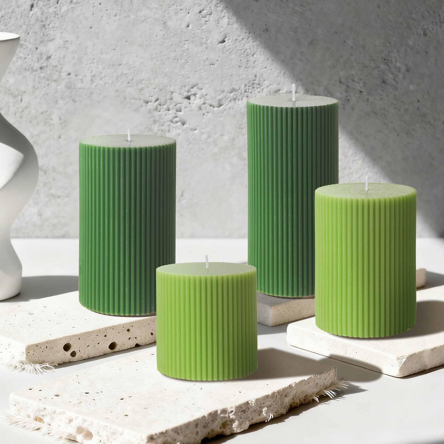 SRCVYLT Ribbed Pillar Candle Set of 4, Width 3" High 3" 4" 5" 6" Large Mixed Soy Wax Scented Pillar Candles Sage Green Ribbed Roman Column Aesthetic for Home Decor Bathroom