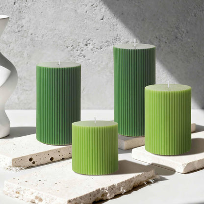 SRCVYLT Ribbed Pillar Candle Set of 4, Width 3" High 3" 4" 5" 6" Large Mixed Soy Wax Scented Pillar Candles Sage Green Ribbed Roman Column Aesthetic for Home Decor Bathroom