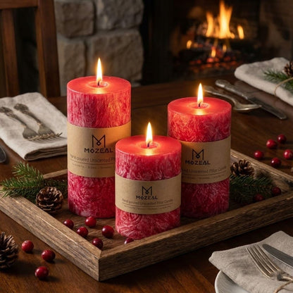 MOZEAL Hand-Poured, Unscented Red Crystal Pillar Decorative Candles, Elegant Set of 3 in Different Sizes (3"x4", 3"x5", 3"x6"), Luxurious Décor for Christmas Homes & Events