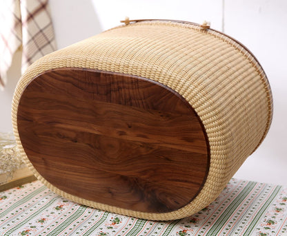 Teng Tian Nantucket Basket Crafts Cane-on-Cane Weave Picnic Basket Shopping Basket Basket Storage Basket Two Swing Handles (Black Walnut Activity Double Open)