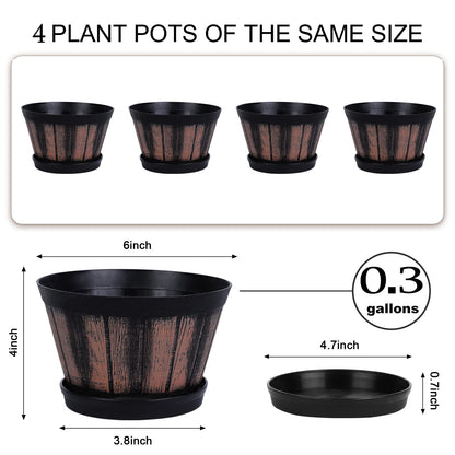 Quarut 6 inch Brown Barrel Planters with Drainage Holes & Saucer, Set of 4, Indoor & Outdoor Garden Home Plants