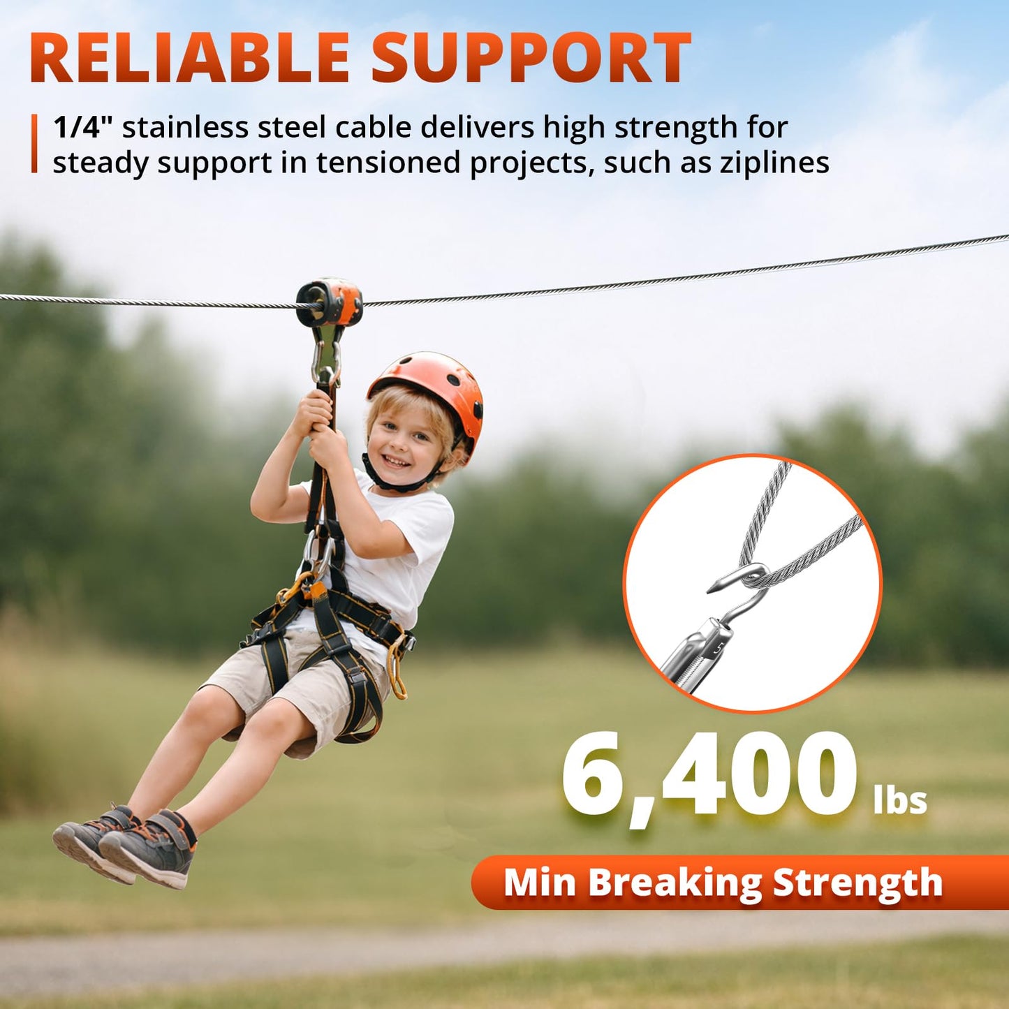 VEPURLT 200FT 1/4" Thickened Stainless Steel Cable Wire Rope, 7x19 Strand Aircraft Cable 6400lb Breaking Strength with Clamps & Thimbles for Zipline, String Light Hanging, Clothesline, DIY Projects