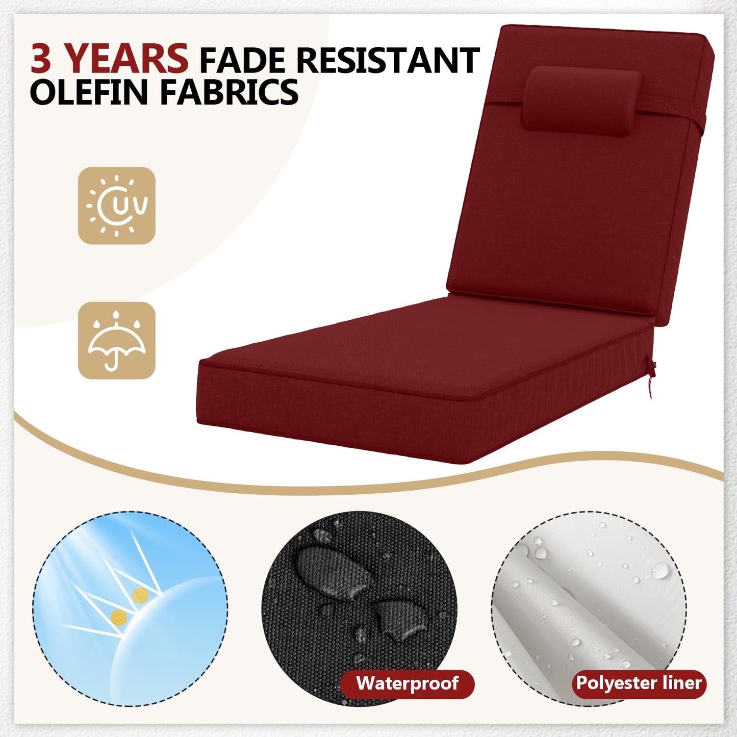 72 x 21 x 4 Inch Olefin Chaise Lounge Cushions, Lounge Chair Cushions with Headrest for Outdoor Furniture - Weather and Fade Resistant Patio Replacement Furniture Lounge Chair Cushion Set of 2