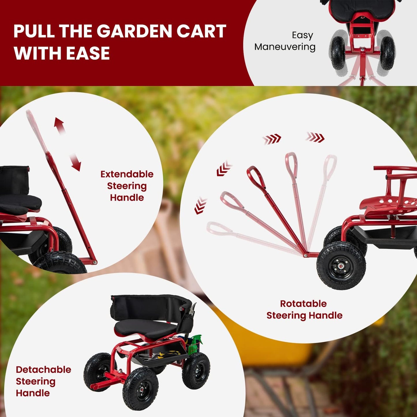 ERGOMASTER Rolling Garden Seat with Wheels, Adjustable 360° Swivel Workseat and Storage Basket, Extendable Handle, Outdoor Gardening Wagon Scooter, Red