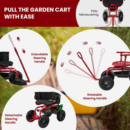ERGOMASTER Rolling Garden Seat with Wheels, Adjustable 360° Swivel Workseat and Storage Basket, Extendable Handle, Outdoor Gardening Wagon Scooter, Red