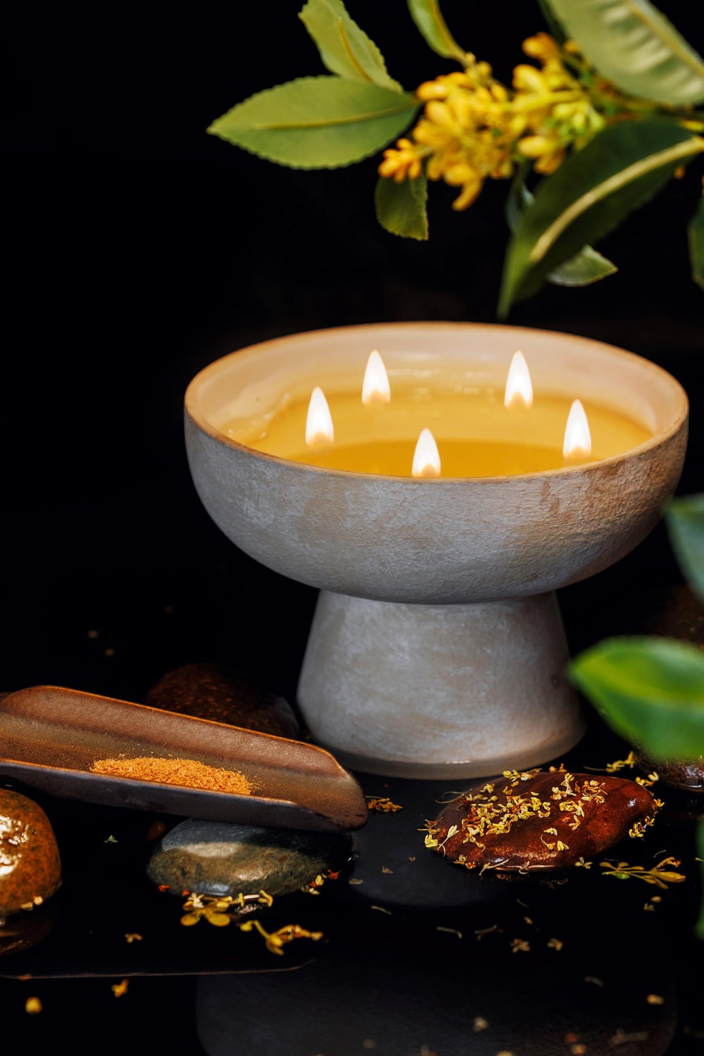 Blueme Calm Candle | Osmanthus & Sandalwood | 5 Wick - Refillable Wellness Candle with Essential Oils, Hand Finished & Poured Soy Wax Blend Ceramic Vessel, Natural Cotton Wicks | Large 24 oz